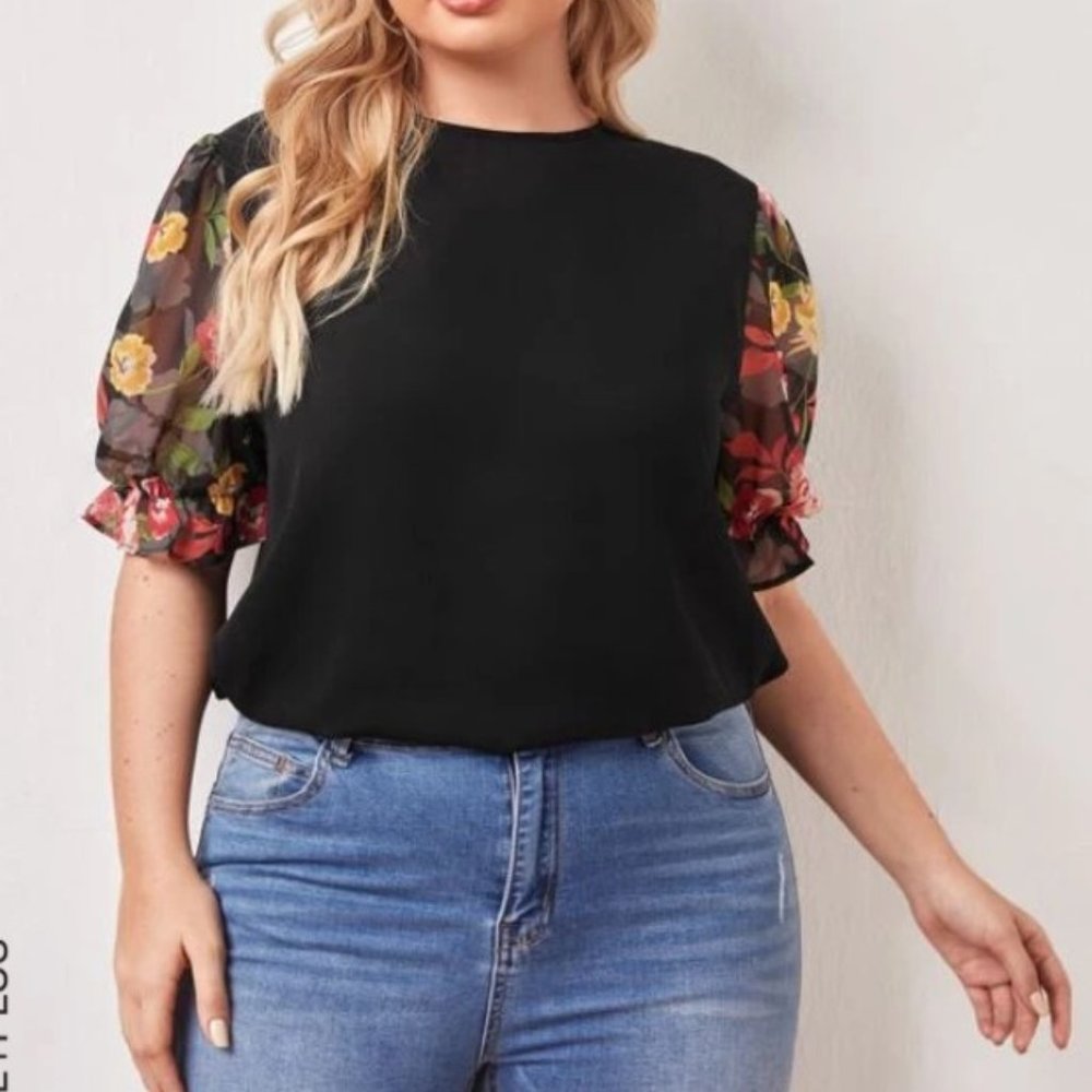 Plus Floral Mesh Puff Top Black with Floral sleeves